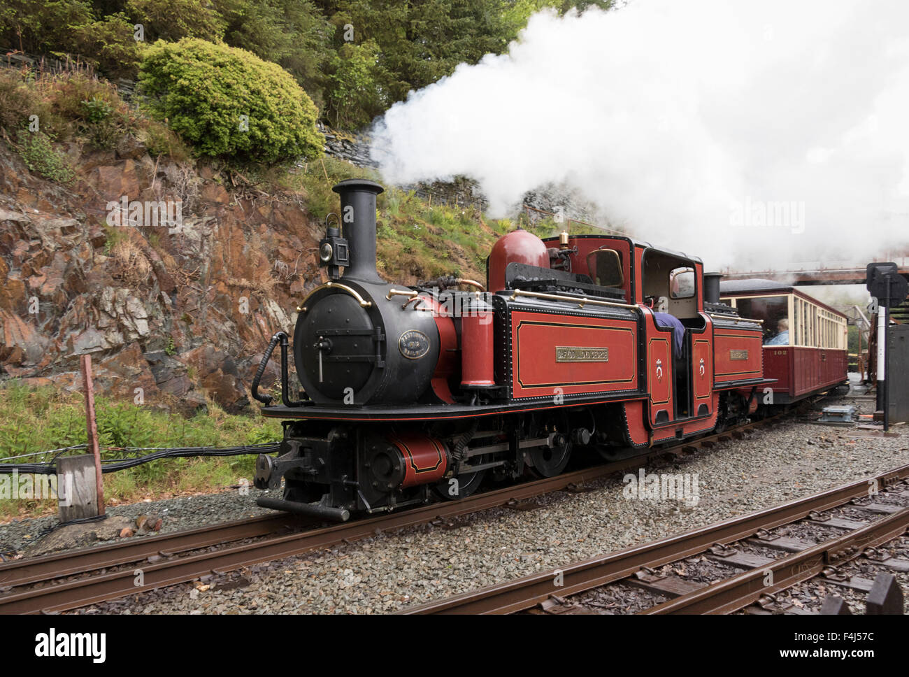 Motore a vapore Dafydd Lloyd George a Tan-y-Bwlch stazione sul Ffestiniog Railway, Wales, Regno Unito, Europa Foto Stock