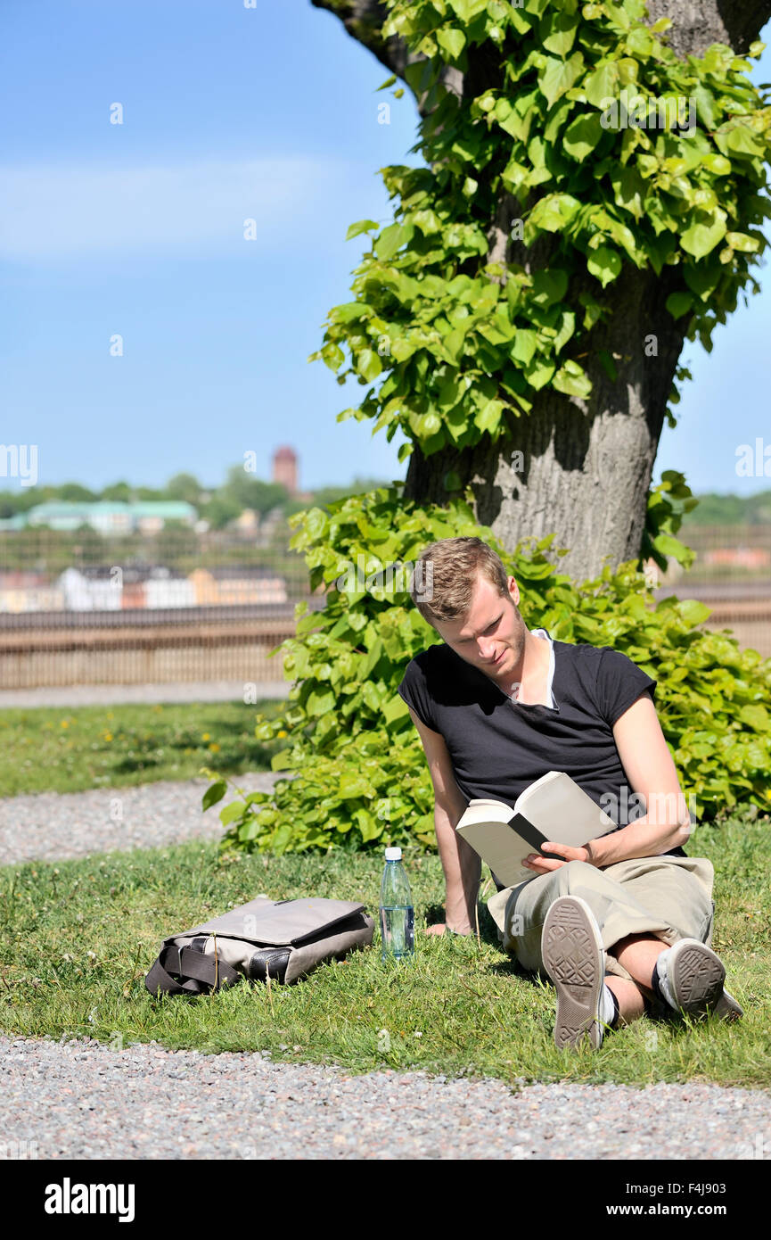 Giovane uomo di lettura da un albero, Svezia. Foto Stock