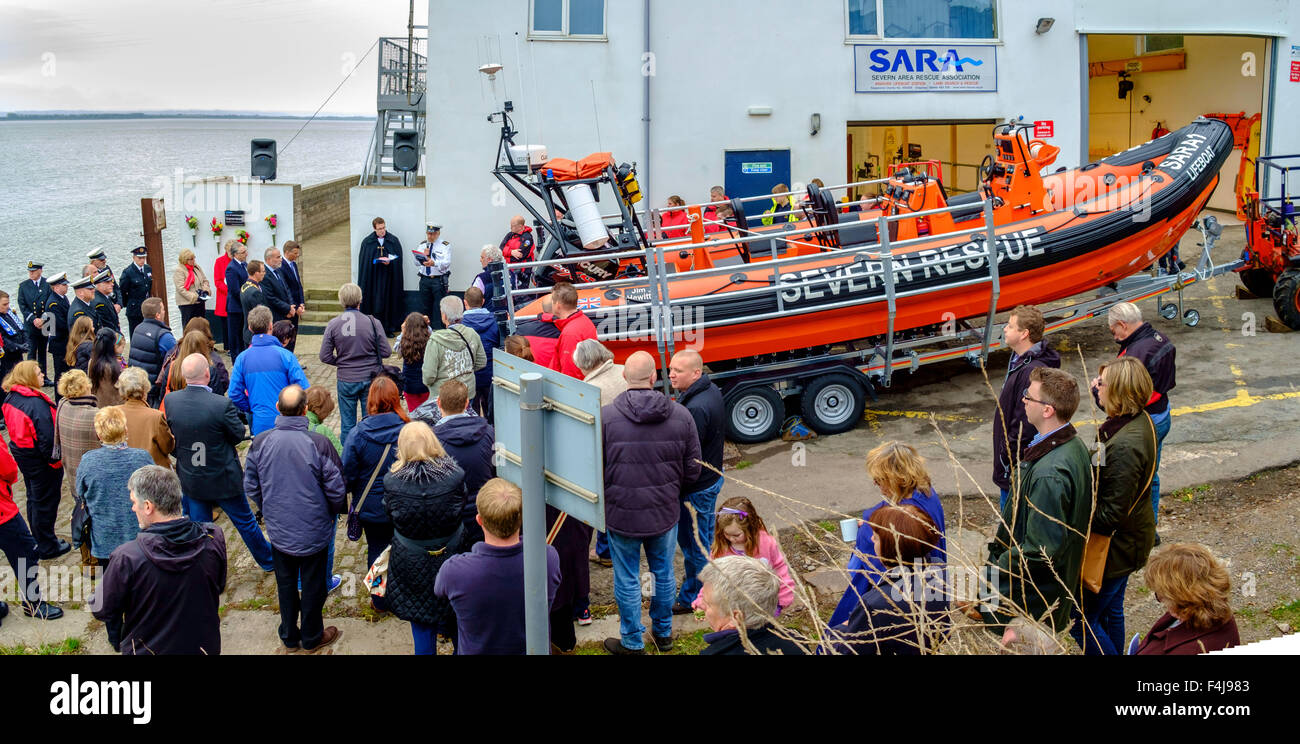 La denominazione di nuova imbarcazione di salvataggio"Jim Hewitt' e servizio di dedizione a SARA (Severn Area associazione di soccorso hanno sede. Foto Stock