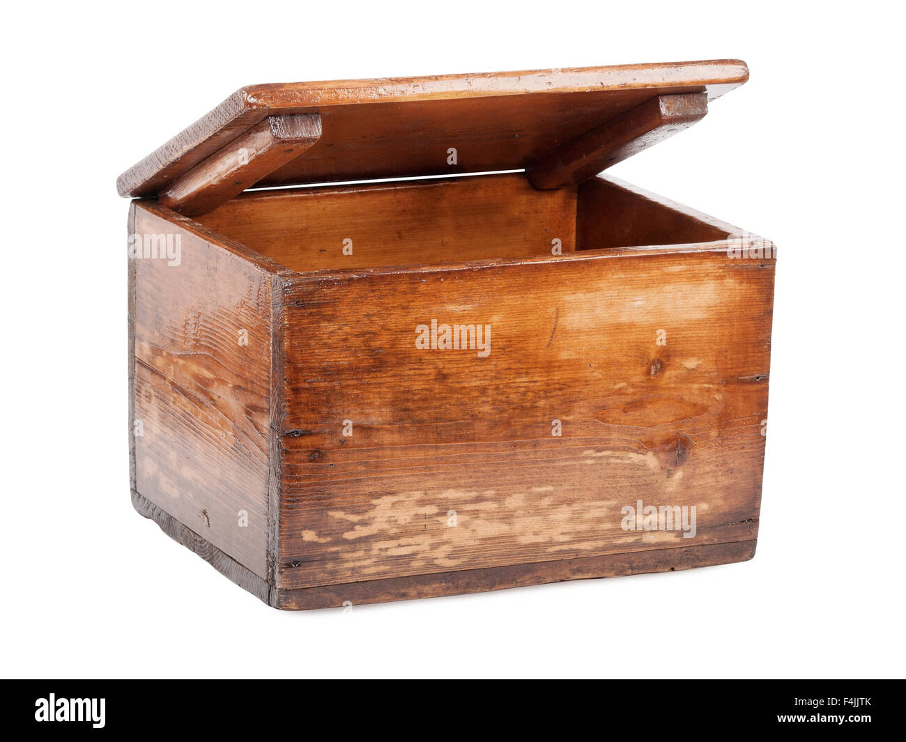 Aprire brown cassa di legno isolato su sfondo bianco Foto Stock