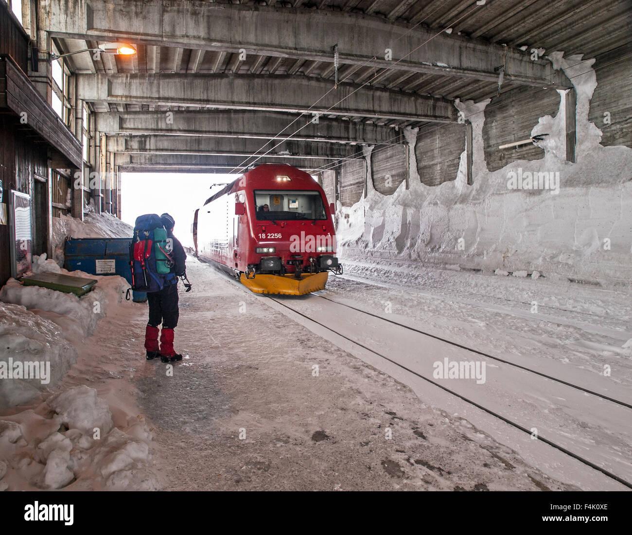 Stazione Hallingskied a 1110m sopra il livello del mare ,sulla ferrovia di Bergen in Norvegia è costruito all'interno di un tunnel di neve. Foto Stock