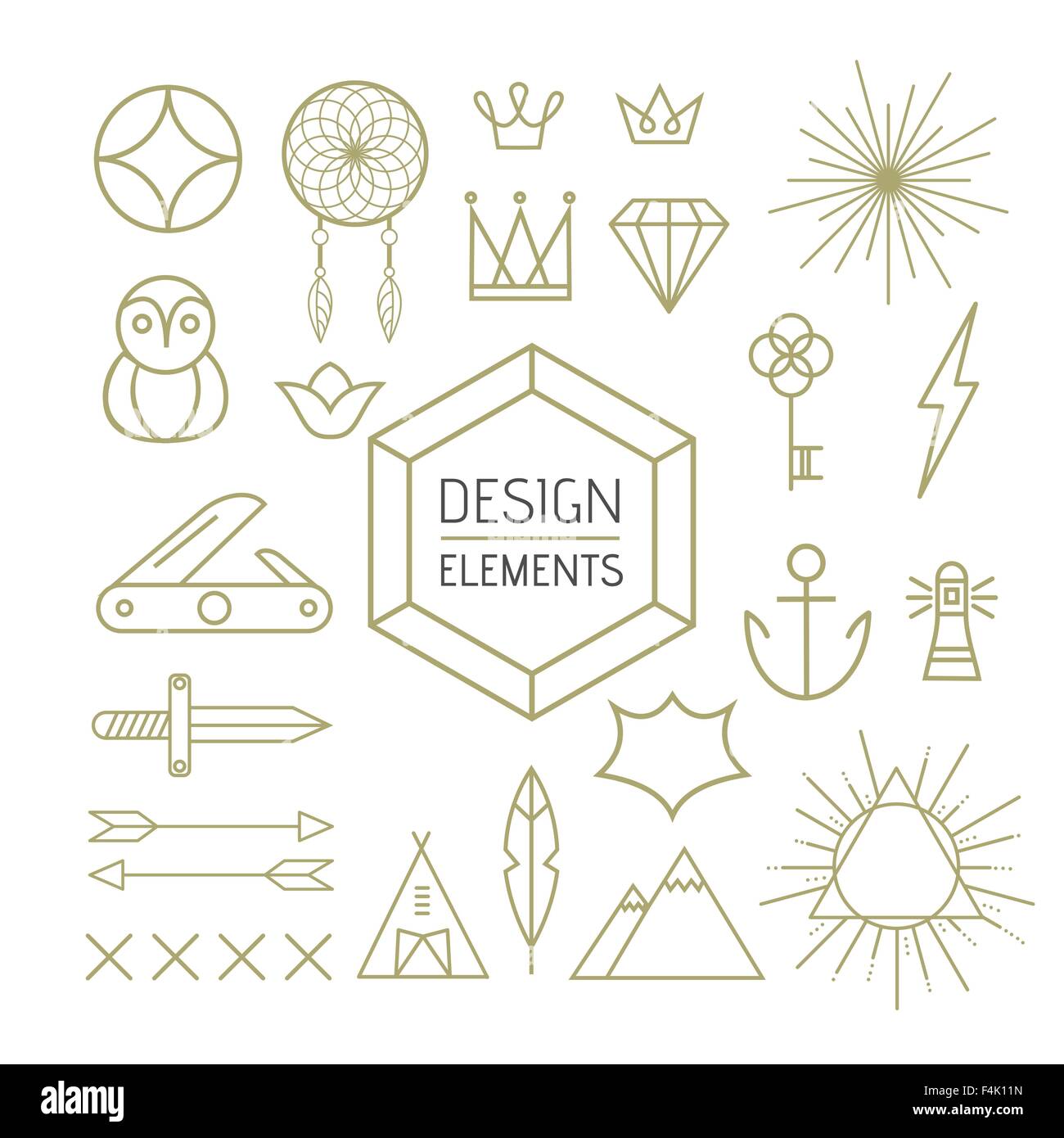 Gli elementi di design impostato in linea di contorno stile d'arte. Include boho, la natura e la geometria delle forme. EPS10 vettore. Illustrazione Vettoriale