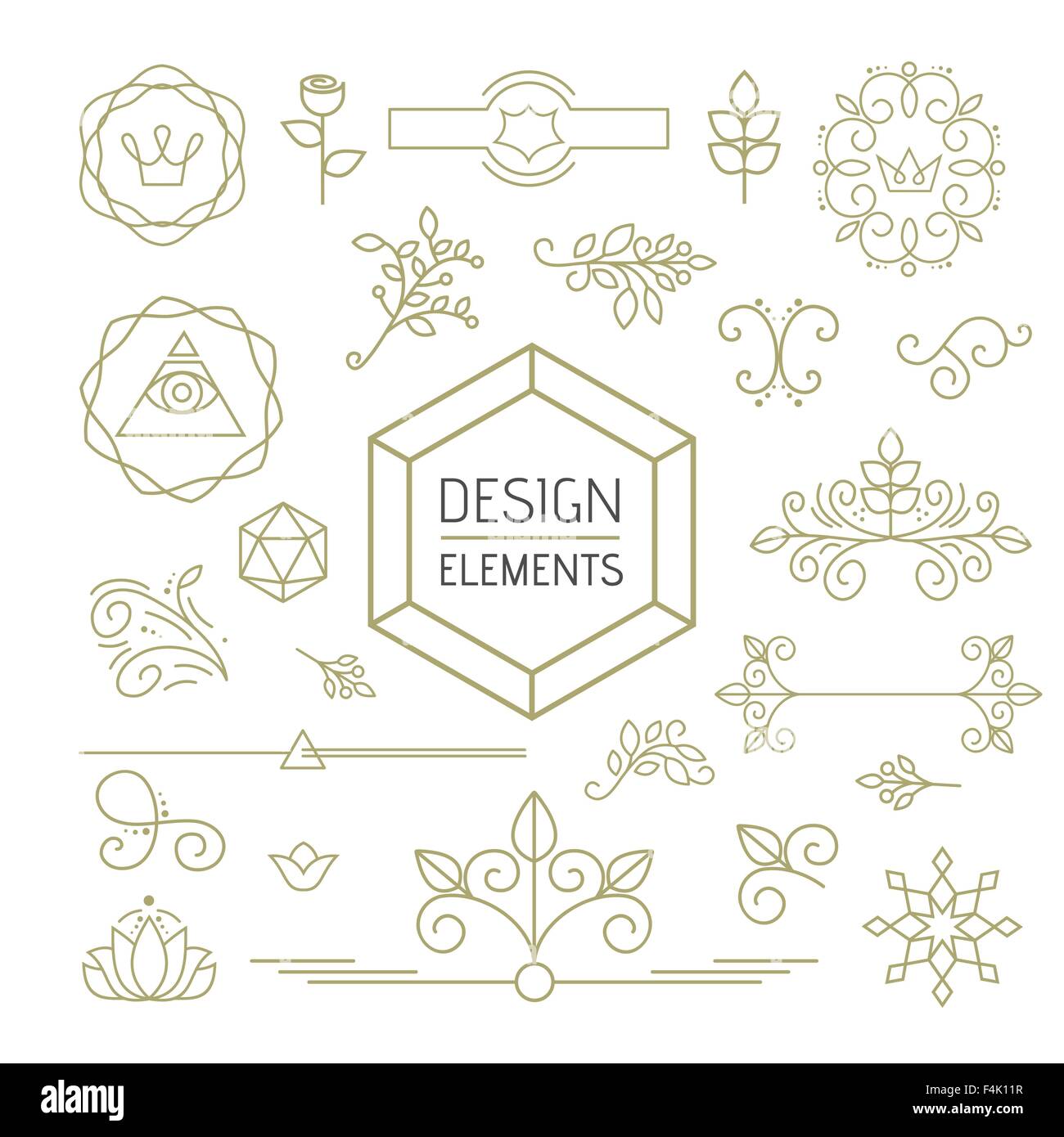 Gli elementi di design set linea mono outline stile, forme ornamentali. Comprende la natura decorazione, fiori, piante e foglie. EPS10 Illustrazione Vettoriale
