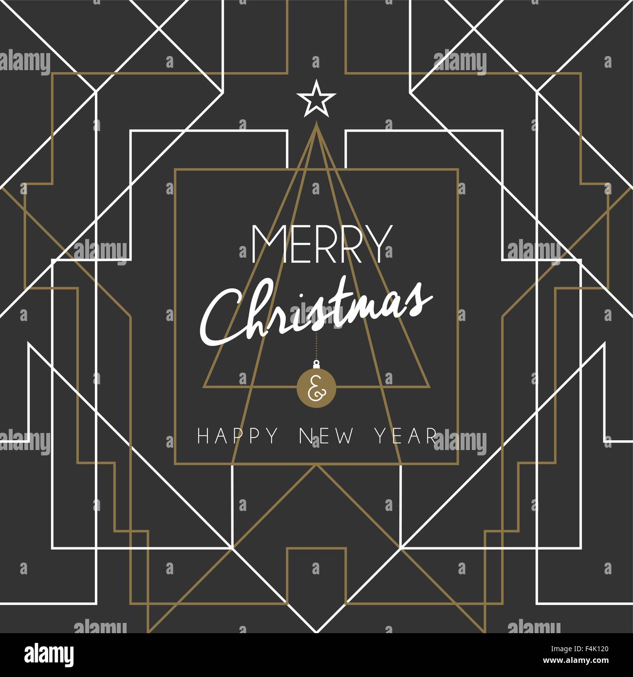Buon Natale e felice anno nuovo messaggio di saluto festivo card. Linee di geometria, in stile art deco con vintage xmas pino. EPS10 Illustrazione Vettoriale