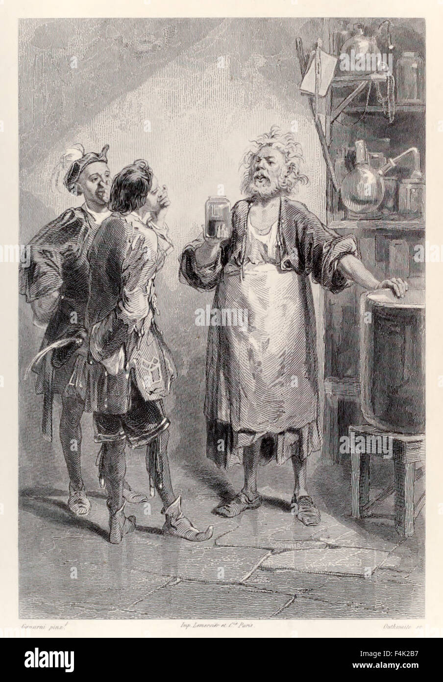 Gulliver entra in una stanza di una grand Accademia di Lagado riempita con un ripugnante odore, dall'edizione francese del 'I Viaggi di Gulliver' di Jonathan Swift (1667-1745), illustrazione di Paul Gavarni (1804-1866). Vedere la descrizione per maggiori informazioni. Foto Stock