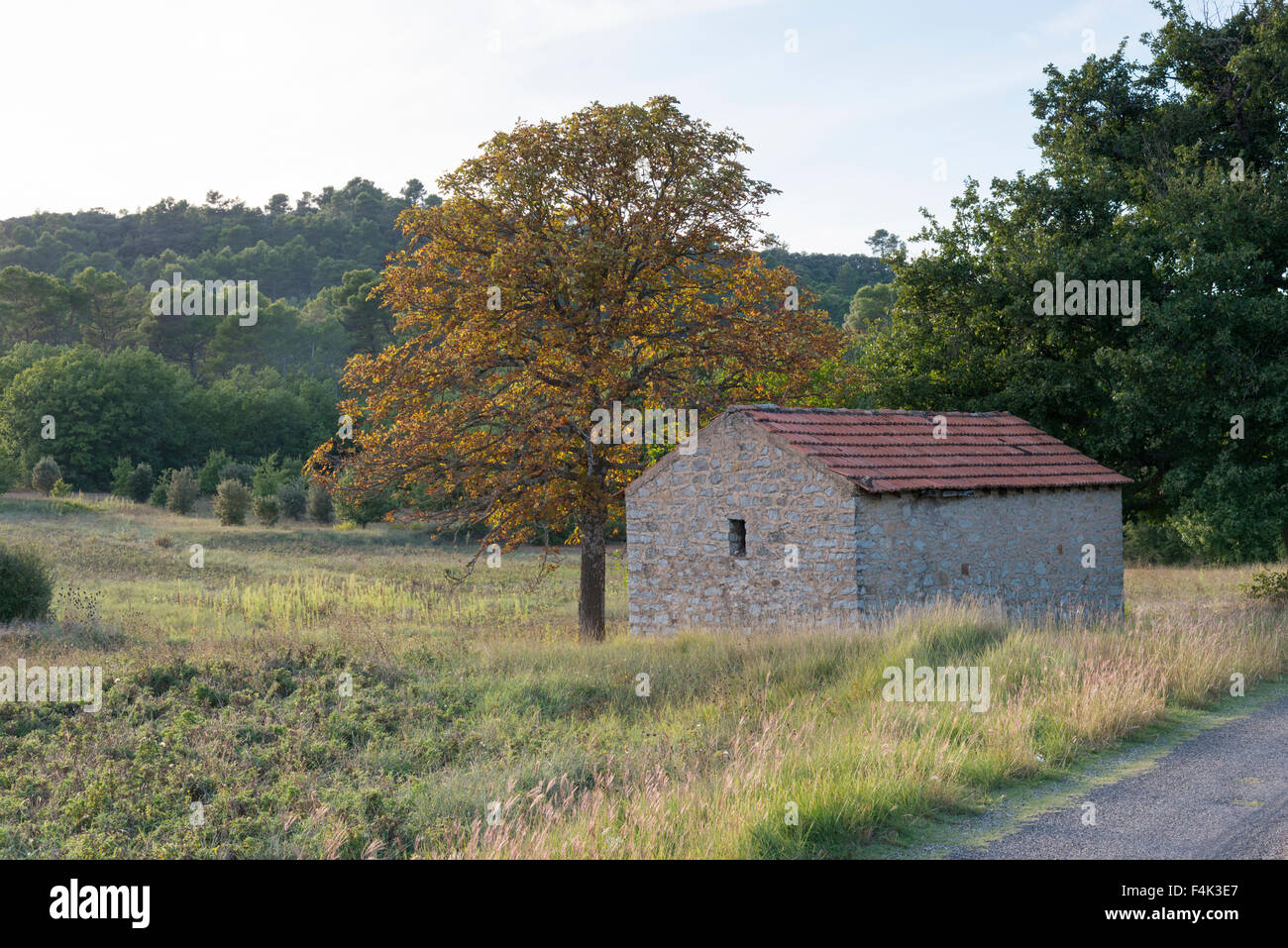 Un fienile in una fattoria in Provenza Francia in autunno circondato da campi Foto Stock