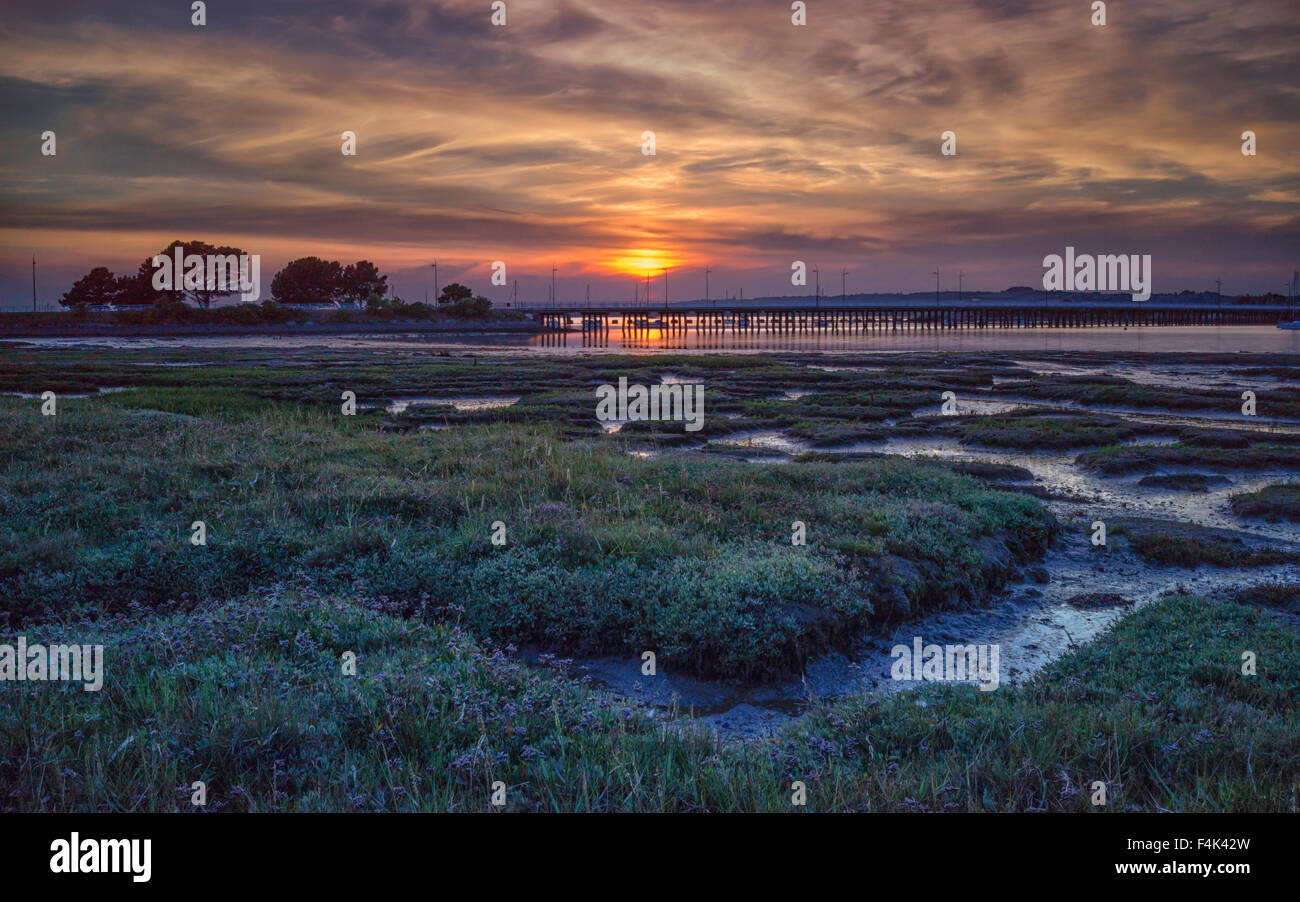 Tramonto sul ponte su Hayling Island vicino a Portsmouth con la bassa marea che mostra il sale di vegetazione di mare Foto Stock