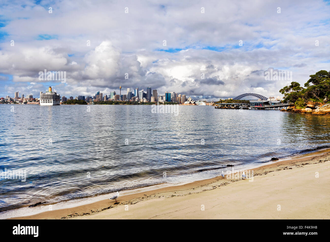 Il porto di Sydney con il ponte e il CBD cityscape landmarks all'orizzonte da pulita spiaggia sabbiosa soleggiata giornata estiva Foto Stock