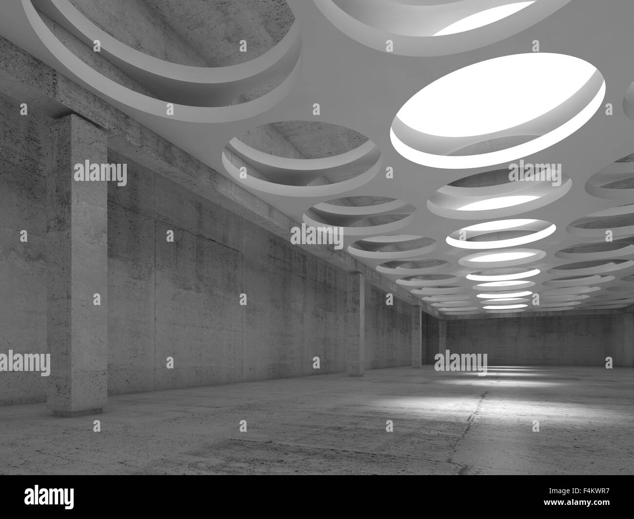 Calcestruzzo vuoto hall interno con grandi illuminatori rotondo in controsoffitto, 3d lo sfondo dell'illustrazione Foto Stock