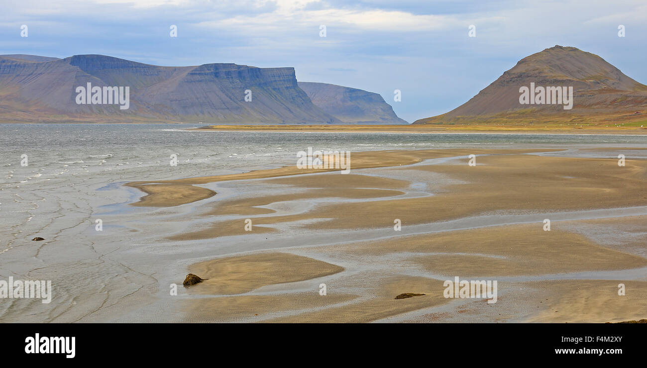 Vista lungo Dyrafjordur Westfjords Islanda che mostra il blocco montagne e modelli di sabbia Foto Stock