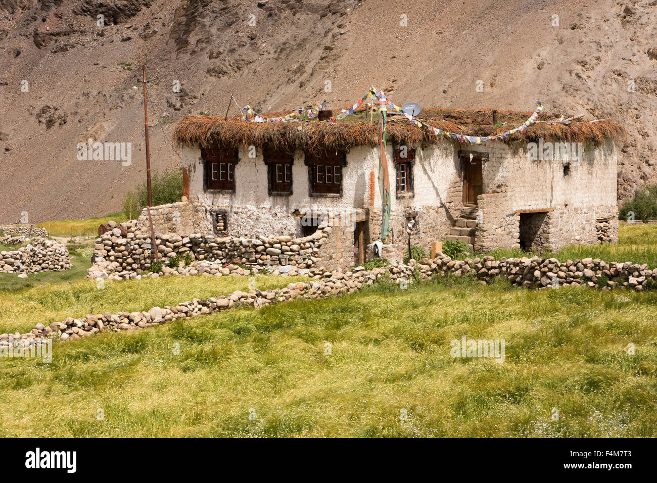 India, Jammu e Kashmir, Ladakh, Rumtse, tradizionale casa di campagna con raccolto tetto rotondo a piedi di Taglang La pass Foto Stock