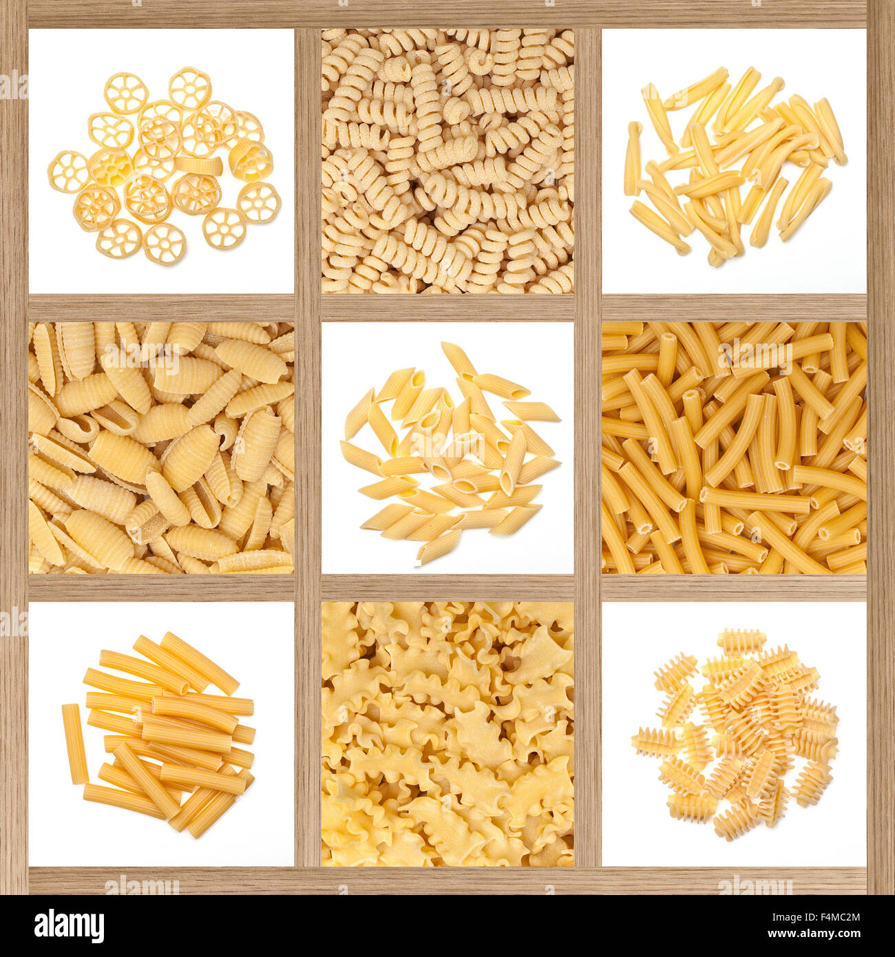 Sfondo alimentare diversi tipi di pasta italiana Foto Stock