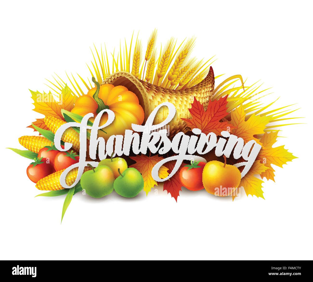 Illustrazione di un ringraziamento cornucopia piena del raccolto di frutta e verdura. Illustrazione Vettoriale