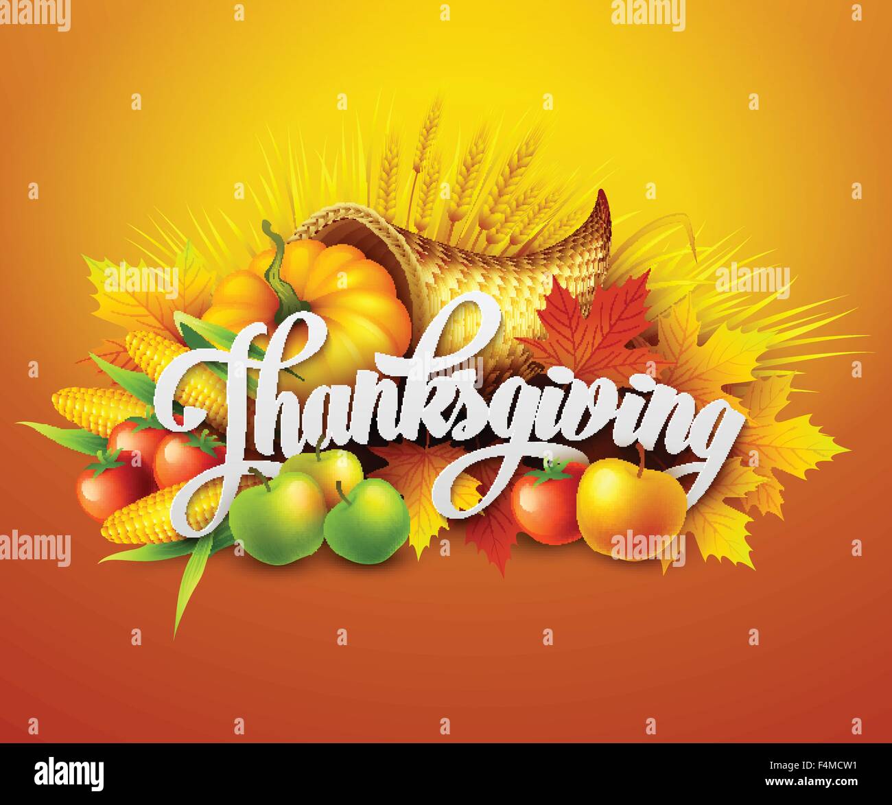 Illustrazione di un ringraziamento cornucopia piena del raccolto di frutta e verdura. Illustrazione Vettoriale