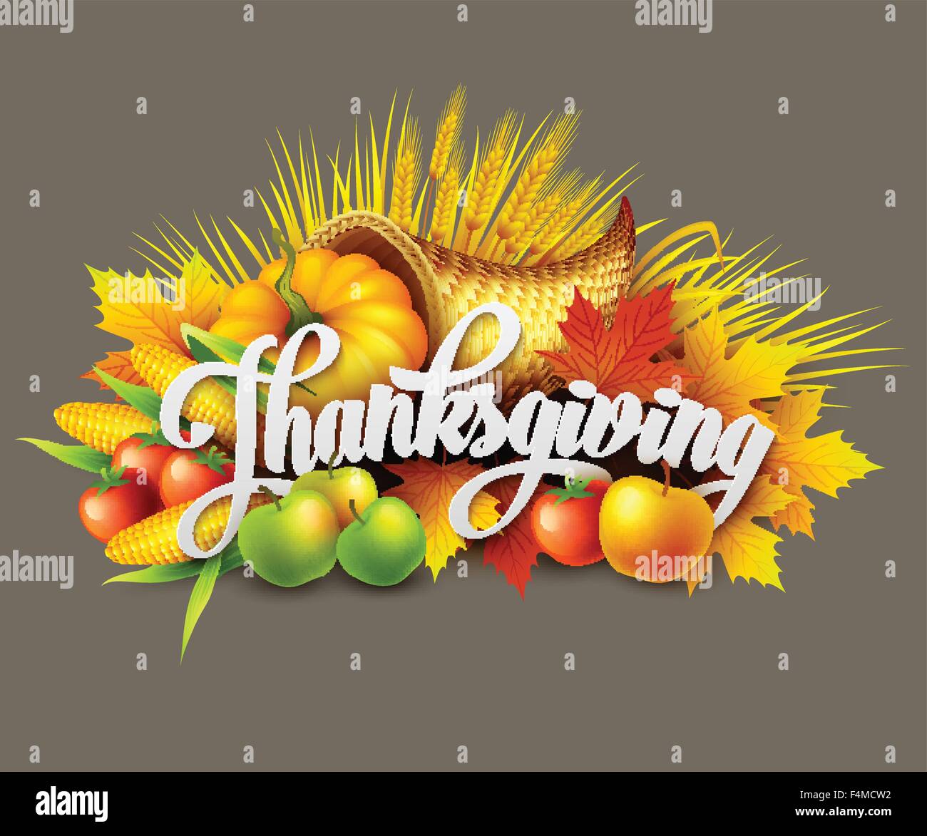 Illustrazione di un ringraziamento cornucopia piena del raccolto di frutta e verdura. Illustrazione Vettoriale