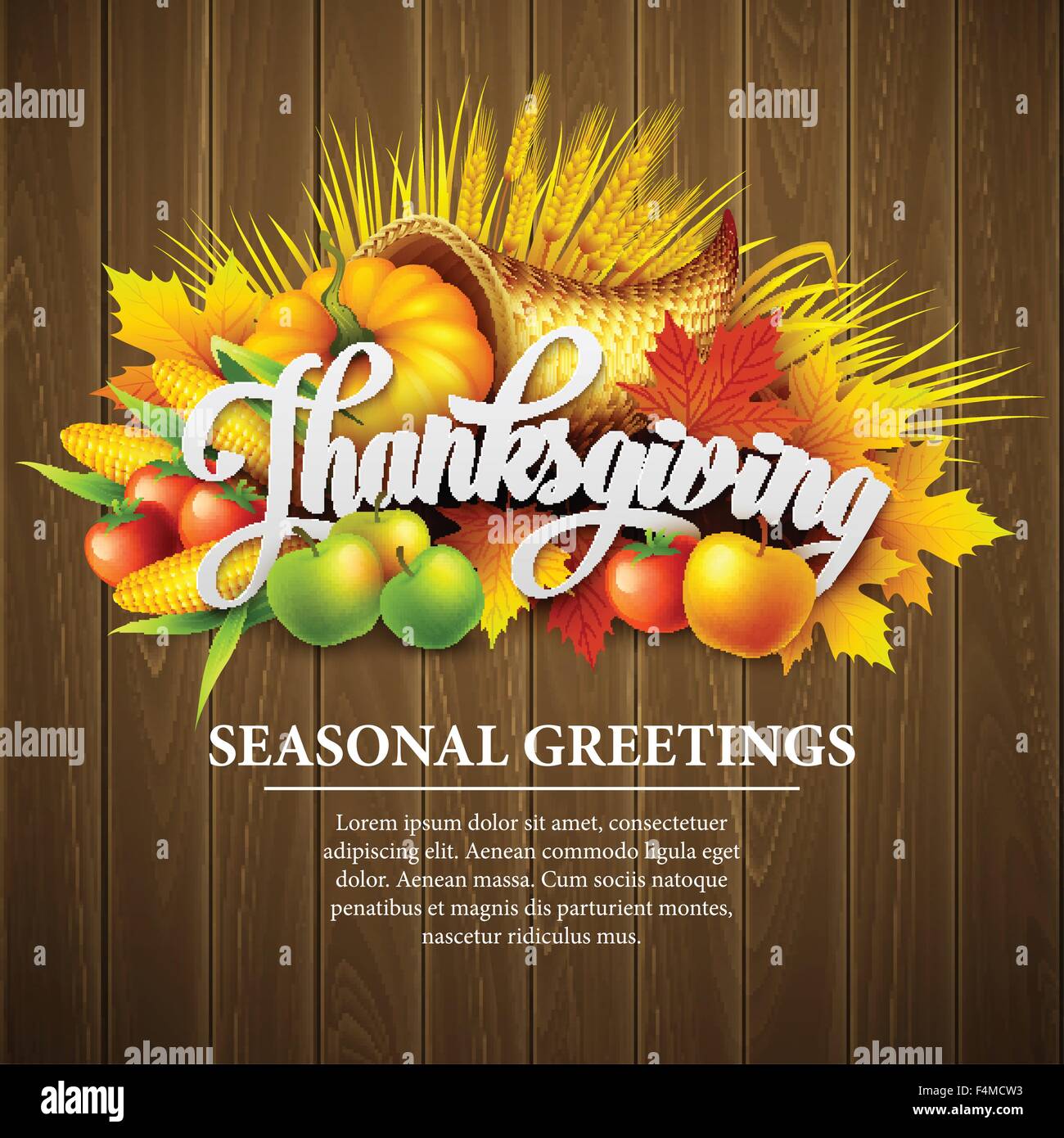 Illustrazione di un ringraziamento cornucopia piena del raccolto di frutta e verdura. Illustrazione Vettoriale