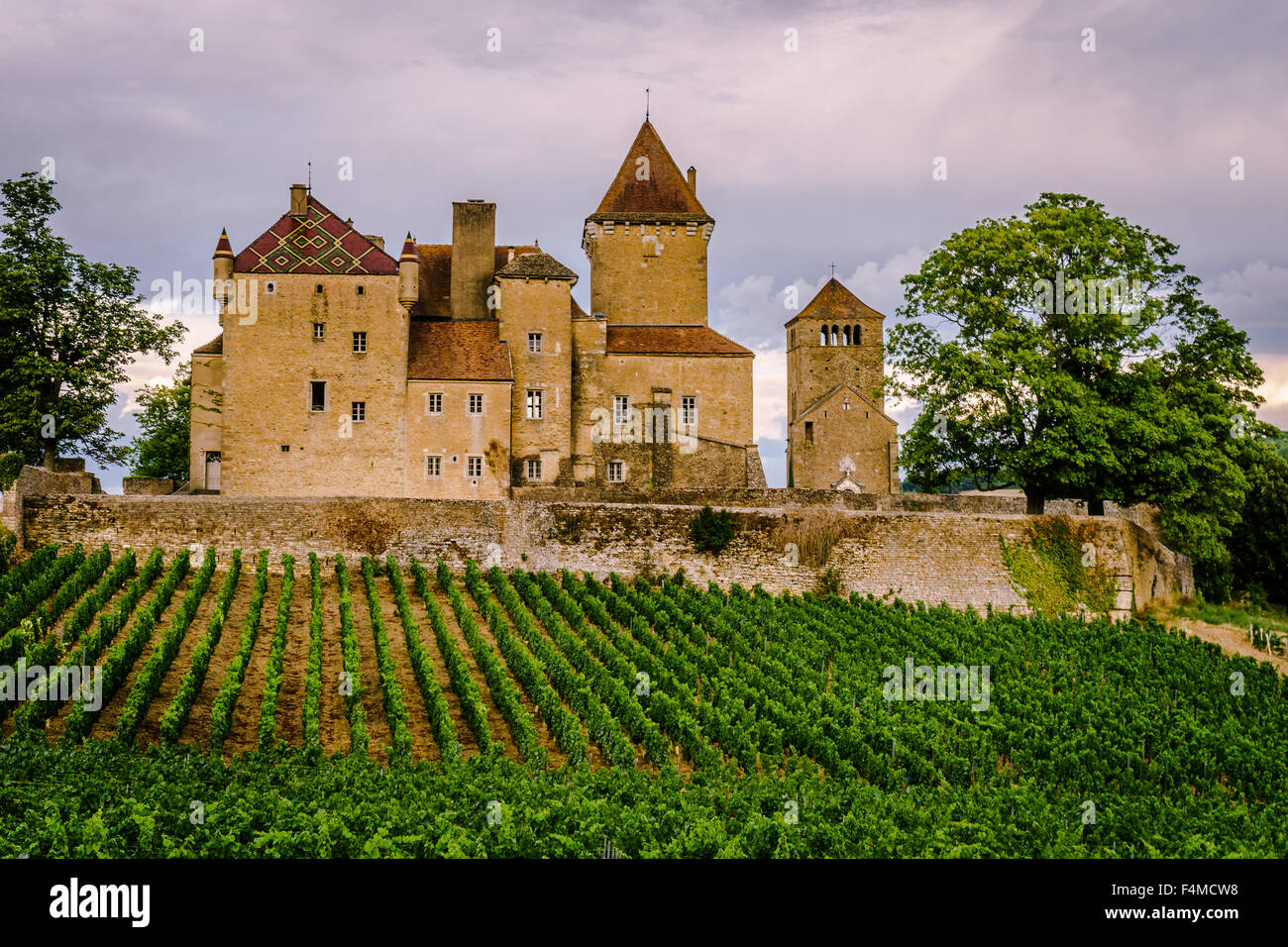 Il Chateau de Pierreclos nel tardo pomeriggio. Luglio, 2015. La Borgogna, Francia. Foto Stock