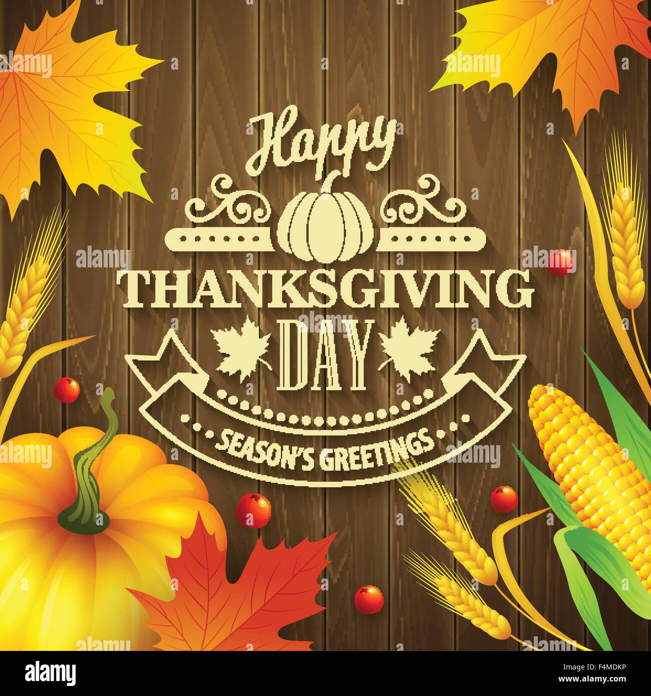 Disegnata a mano ringraziamento biglietto di auguri con foglie di zucca e spica su uno sfondo di legno. Illustrazione Vettoriale Illustrazione Vettoriale