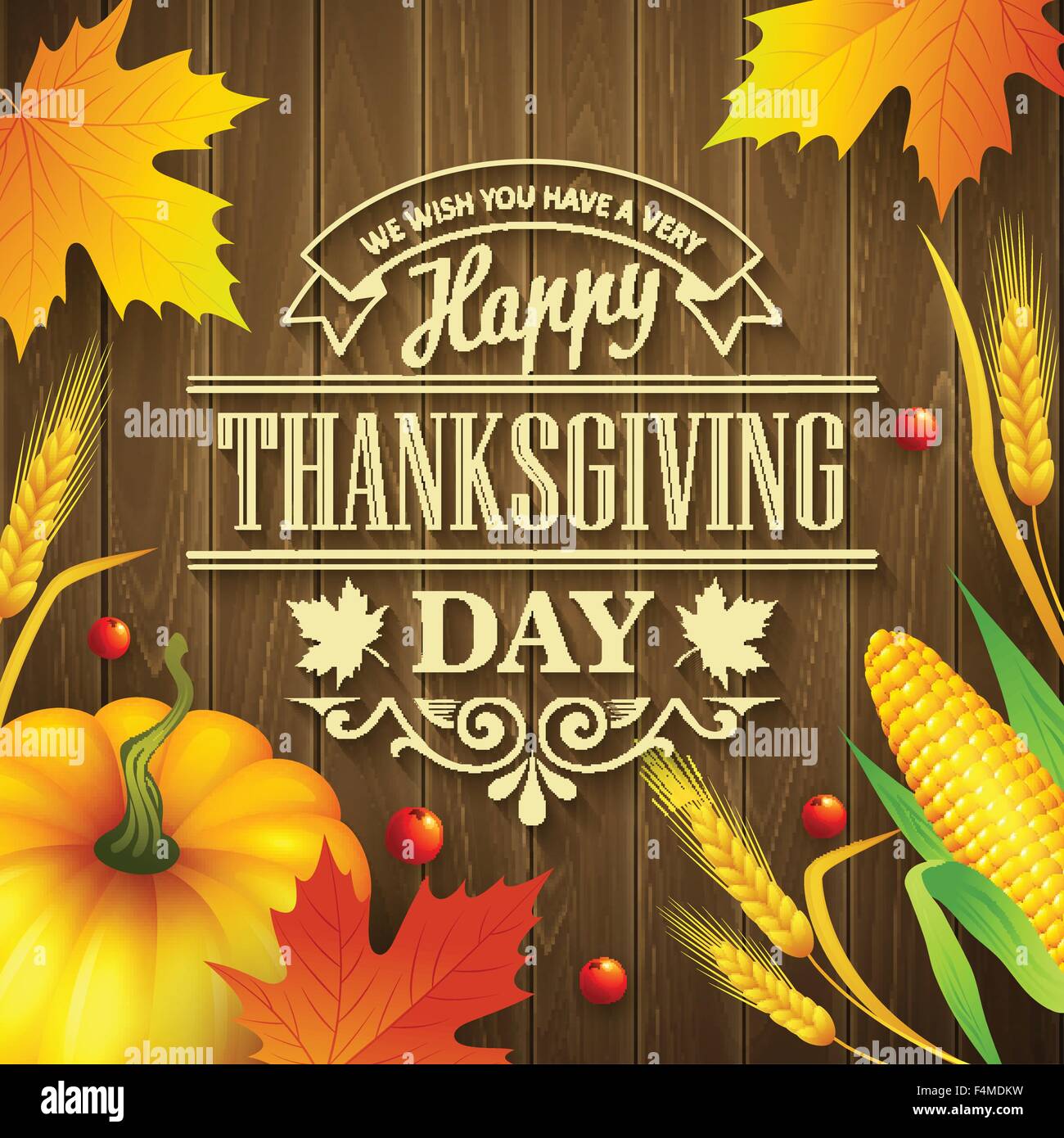 Disegnata a mano ringraziamento biglietto di auguri con foglie di zucca e spica su uno sfondo di legno. Illustrazione Vettoriale Illustrazione Vettoriale