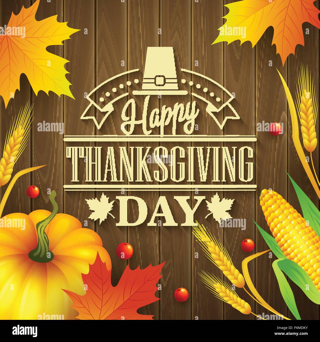 Disegnata a mano ringraziamento biglietto di auguri con foglie di zucca e spica su uno sfondo di legno. Illustrazione Vettoriale Illustrazione Vettoriale