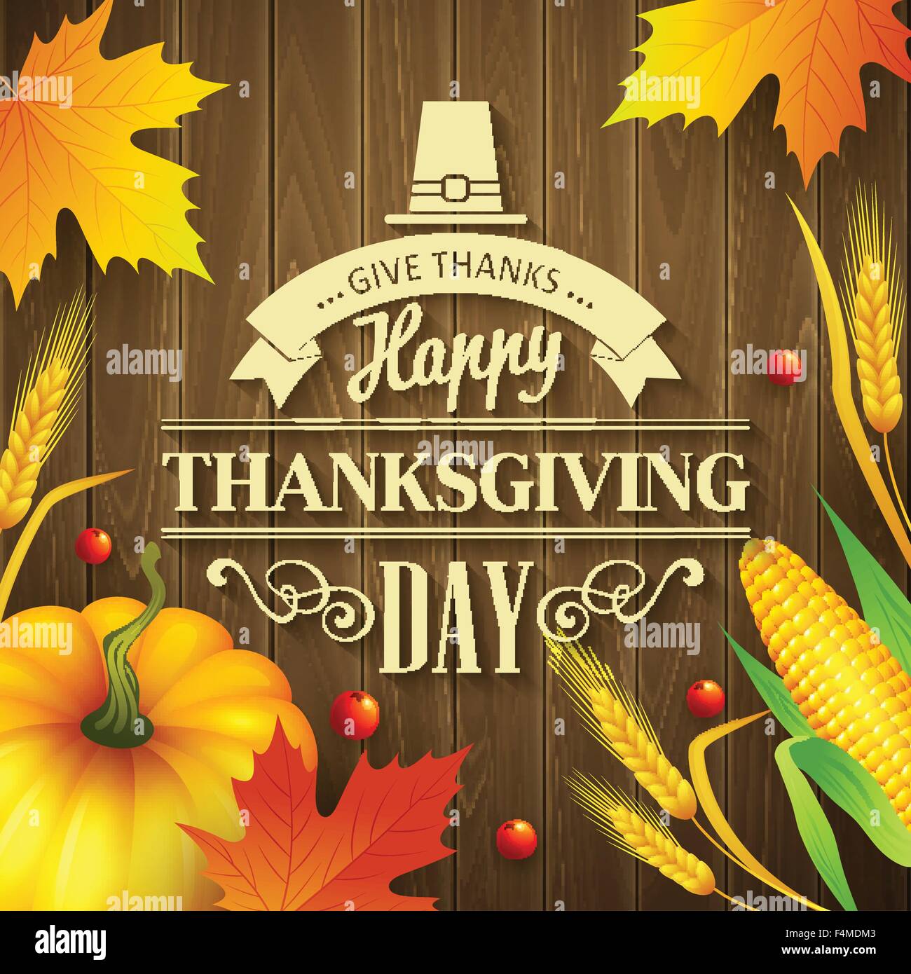 Disegnata a mano ringraziamento biglietto di auguri con foglie di zucca e spica su uno sfondo di legno. Illustrazione Vettoriale Illustrazione Vettoriale