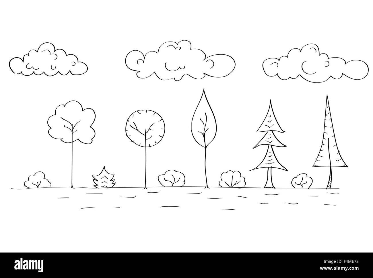 Albero di foresta boschi schizzo semplice Linea Bambino disegno a mano Illustrazione Vettoriale