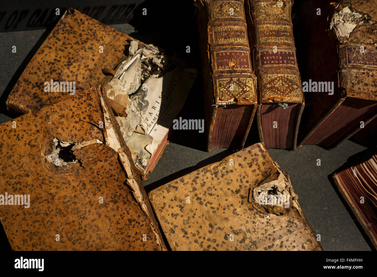Libri antichi danneggiato durante la Seconda Guerra Mondiale il bombardamento visualizzati al Mémorial de Caen, museo della guerra in Normandia, Francia Foto Stock