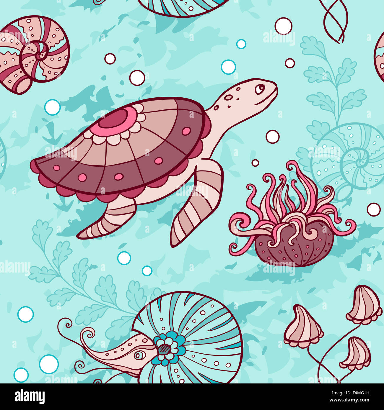 Marine modello senza soluzione di continuità con la tartaruga e nautilus Foto Stock