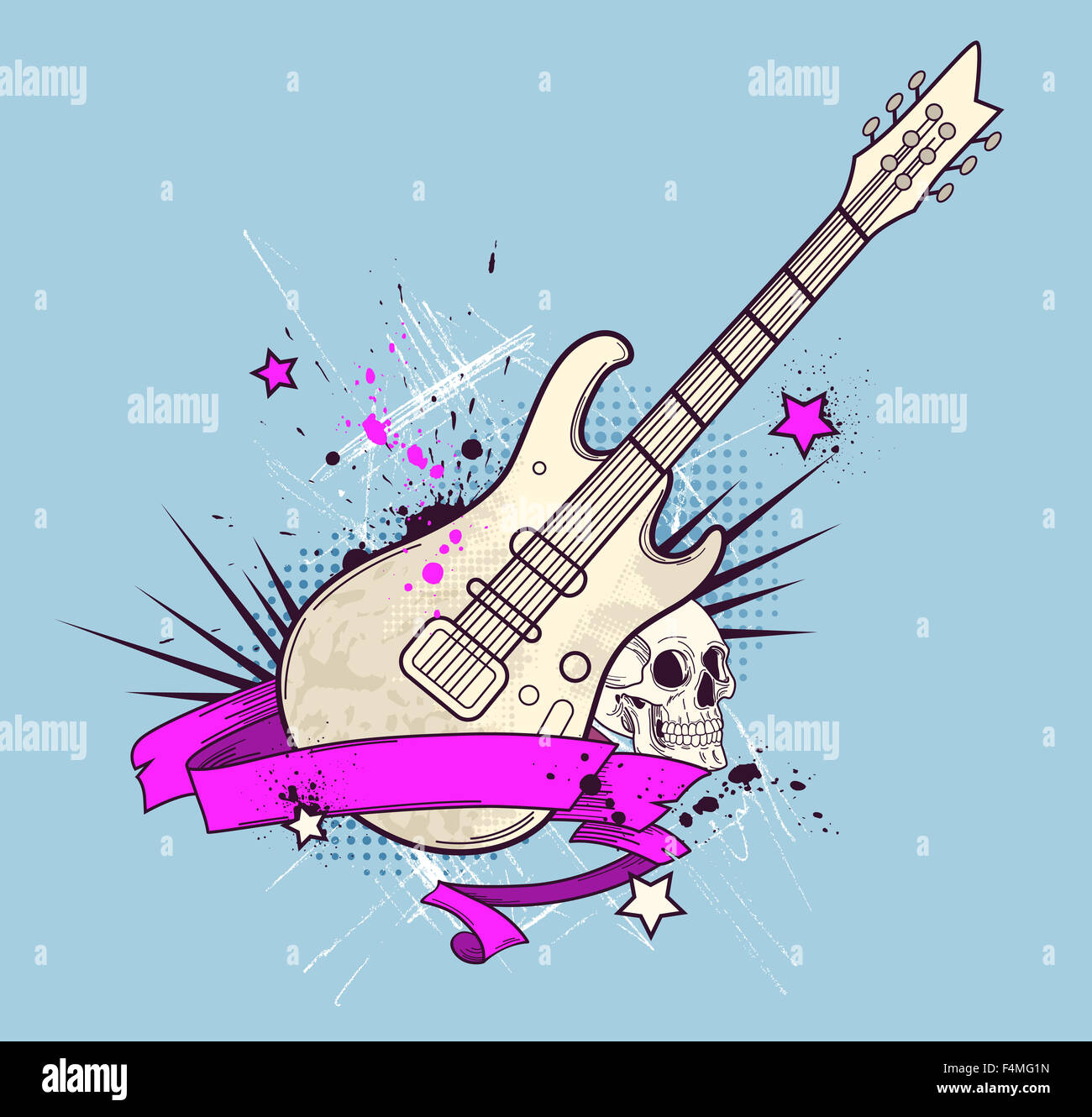 Grunge sfondo con chitarra elettrica e il cranio Foto Stock