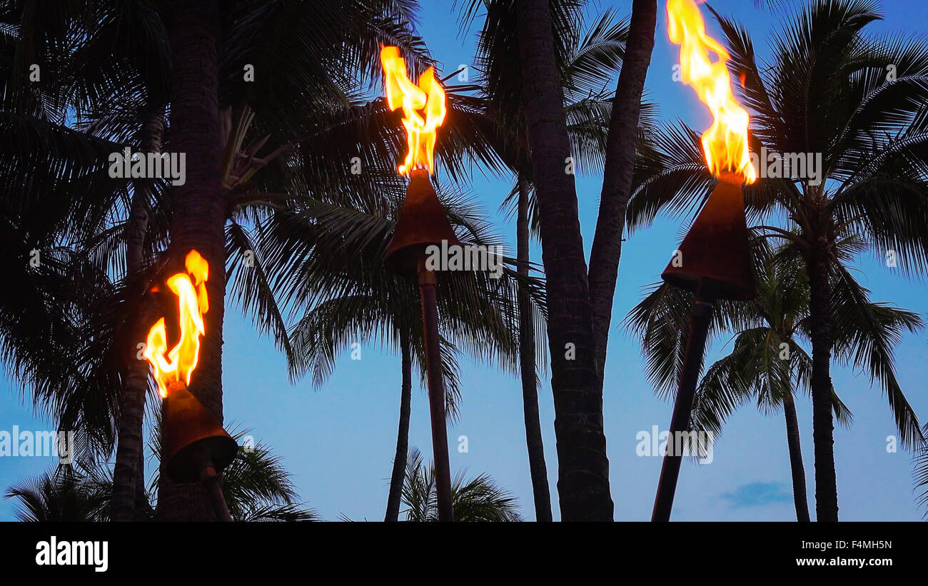 Torce Tiki masterizzazione su Waikiki Beach di notte sull'isola hawaiana di Oahu Foto Stock