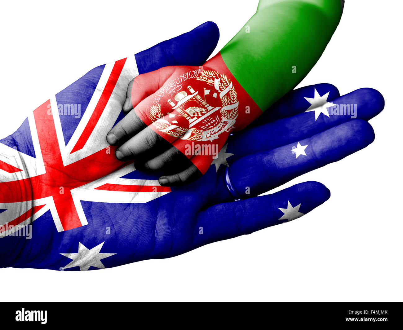 Bandiera di Australia sovrapposta la mano di un uomo adulto tenendo una mano del bambino con la bandiera dell'Afghanistan sovrastampata Foto Stock