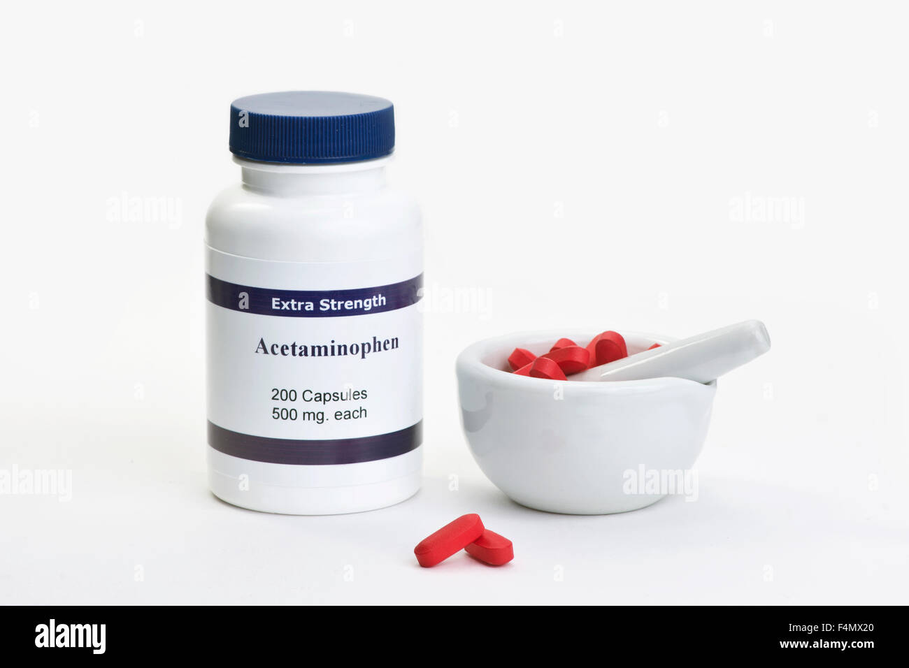 Acetaminophen bottiglia con due compresse di colore rosso e di mortaio e pestello. Foto Stock