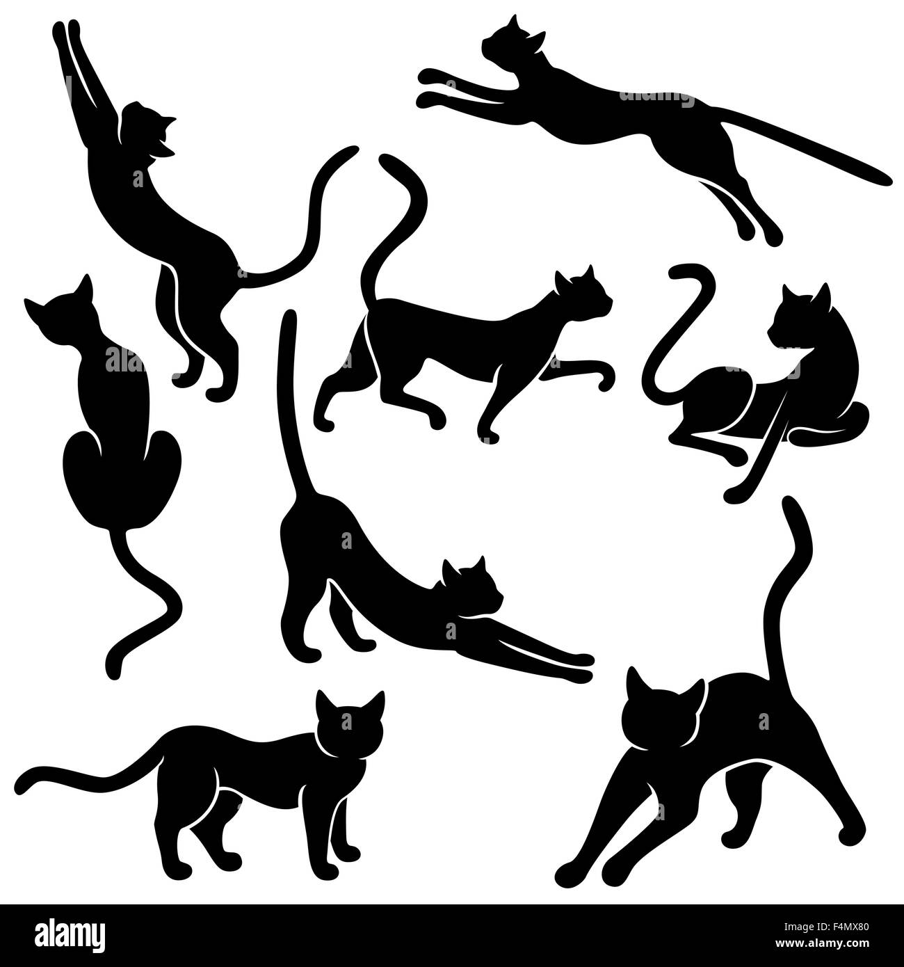 Set di otto nero sagome vettoriali di divertenti gatti domestici in diverse pose su uno sfondo bianco, mano disegno illustrativo Illustrazione Vettoriale