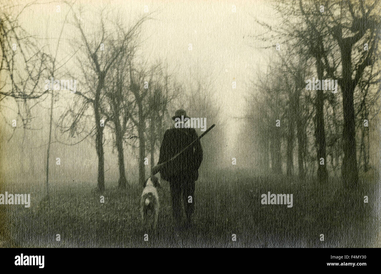 Cacciatore con cane su un viale alberato, Italia Foto Stock