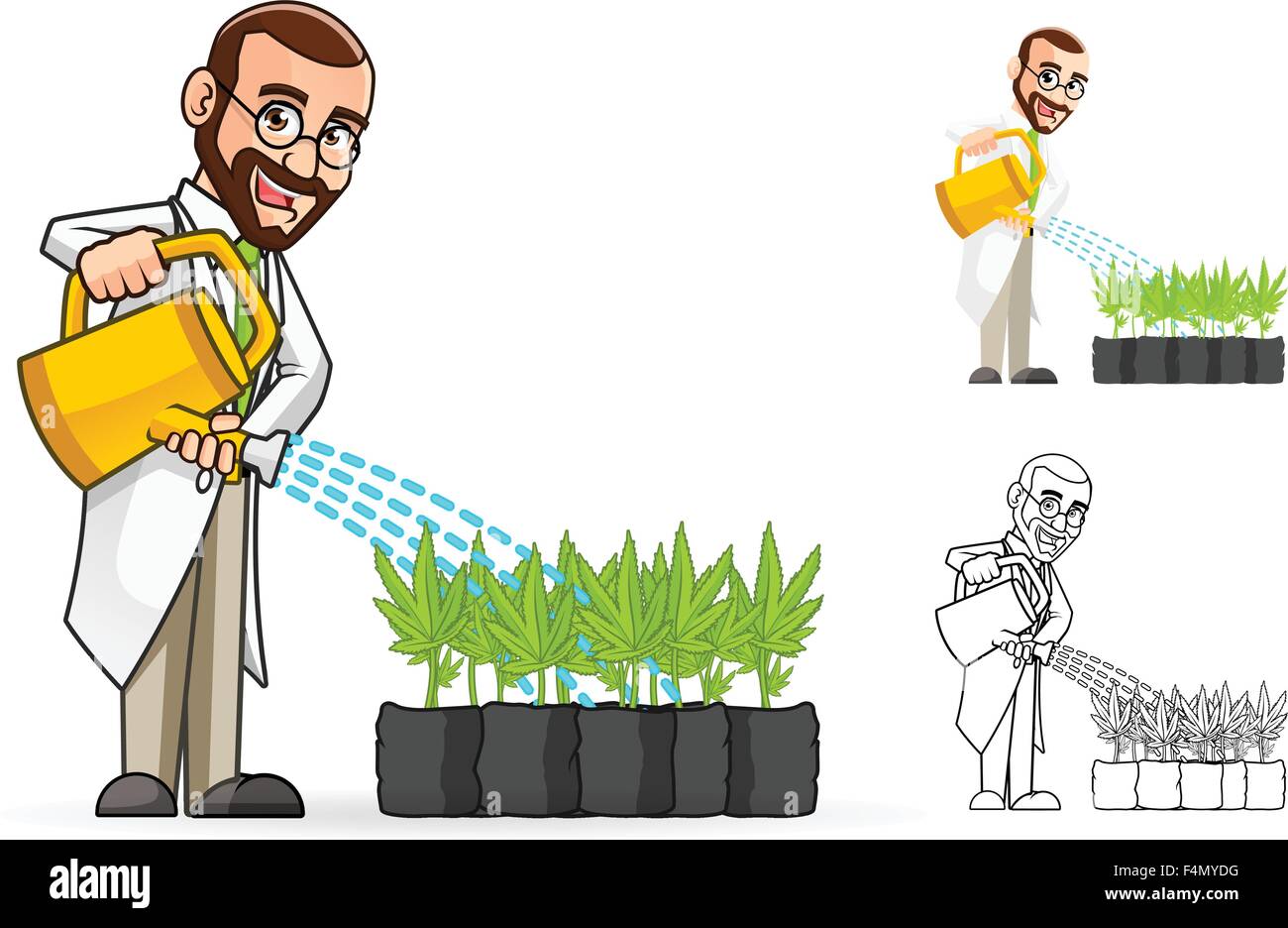 Scienziato personaggio dei fumetti annacquare le piante Illustrazione Vettoriale