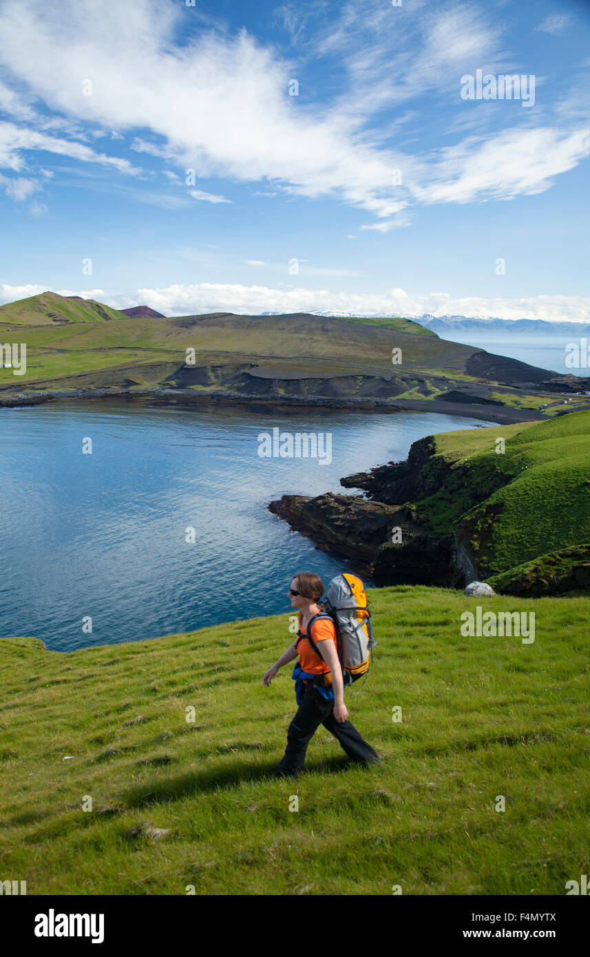 Escursionista esplorare la penisola Storhofdi sull Isola di Heimaey, Isole Westman, Sudhurland, Islanda. Foto Stock