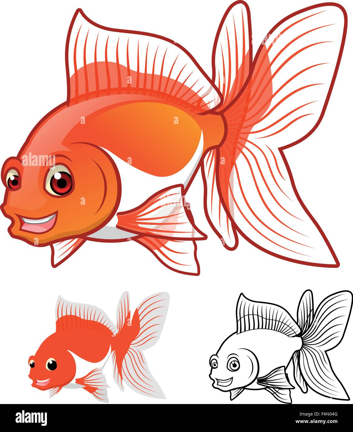 Alta qualità fiocco Goldfish personaggio dei fumetti includono design piatto e Line Art versione Illustrazione Vettoriale