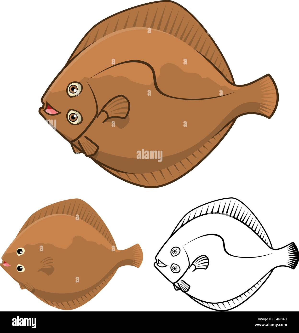 Alta qualità di pesce piatto personaggio dei fumetti includono design piatto e Line Art versione Illustrazione Vettoriale