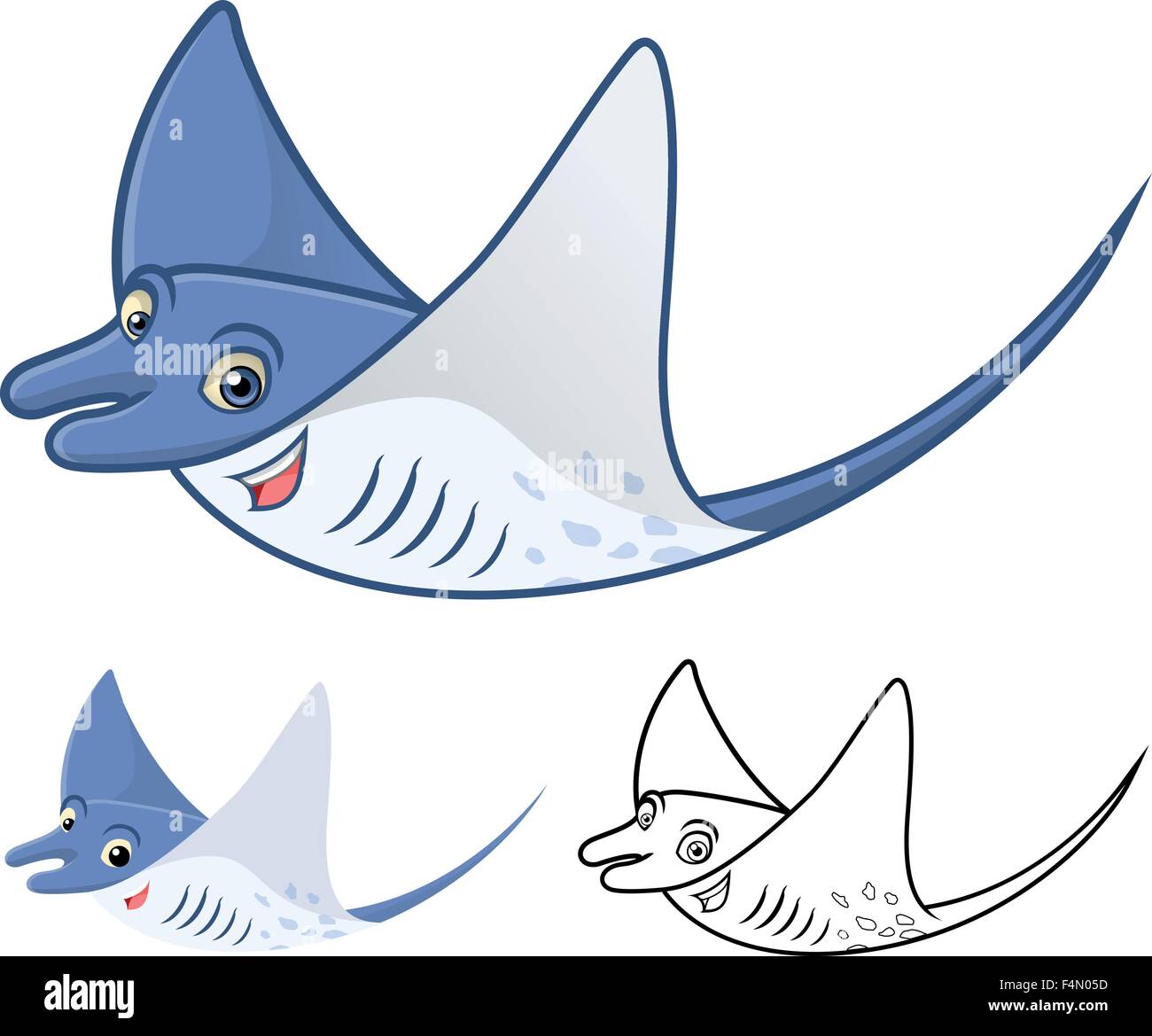 Alta qualità Manta Ray personaggio dei fumetti includono design piatto e Line Art versione Illustrazione Vettoriale