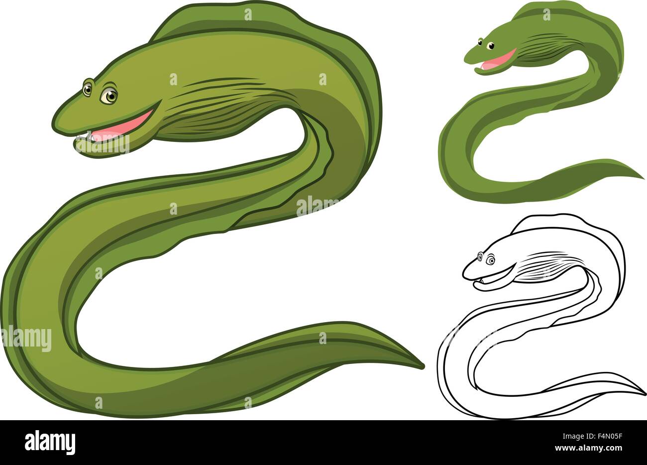 Alta qualità moray eel personaggio dei fumetti includono design piatto e Line Art versione Illustrazione Vettoriale
