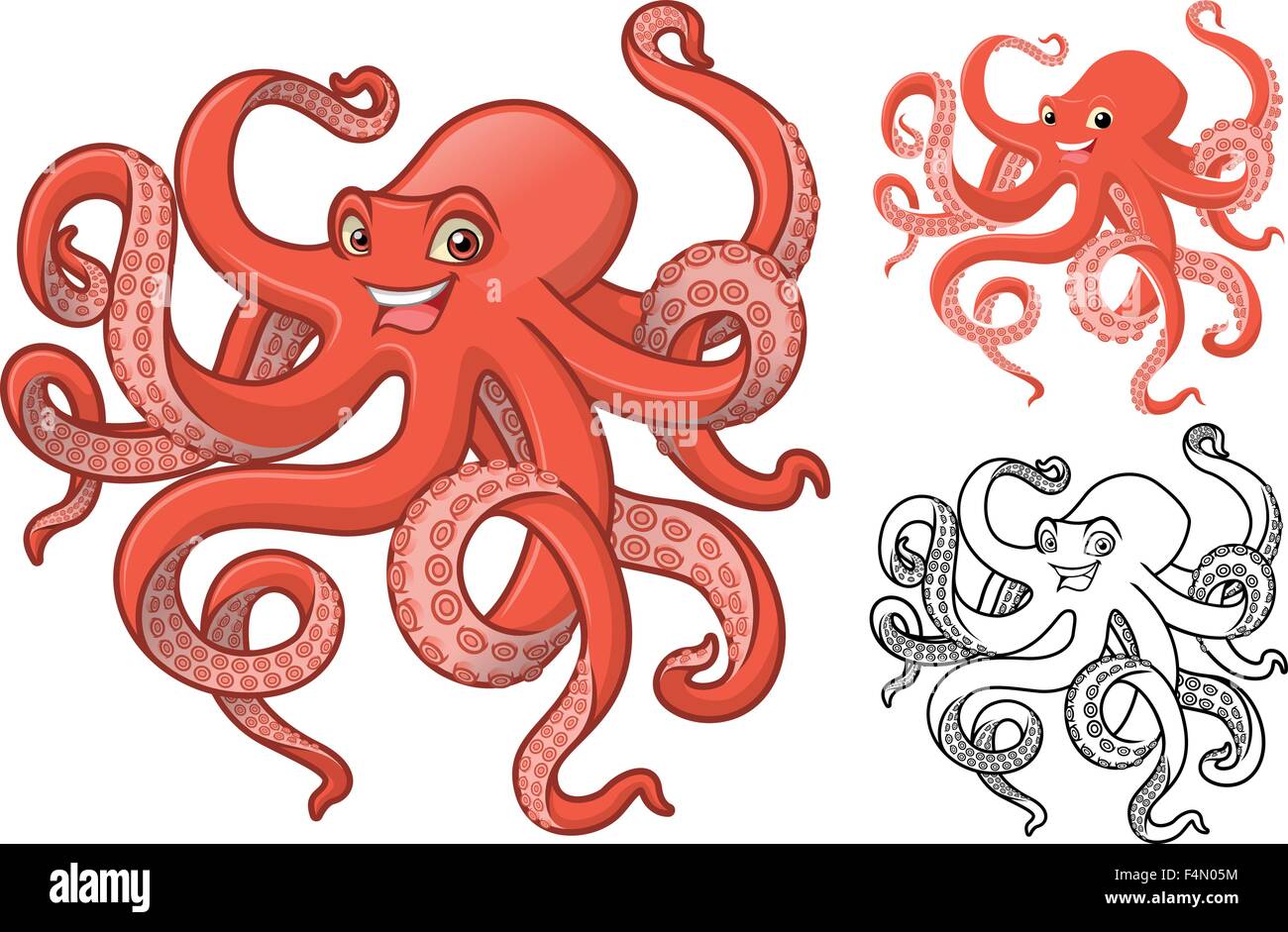 Alta qualità Octopus personaggio dei fumetti includono design piatto e Line Art versione Illustrazione Vettoriale