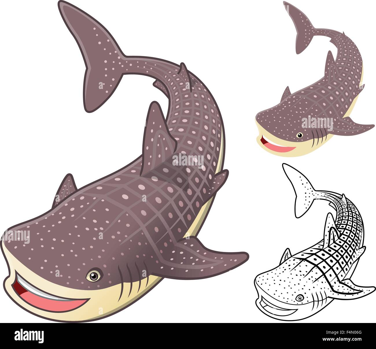 Alta qualità di squalo balena personaggio dei fumetti includono design piatto e Line Art versione Illustrazione Vettoriale