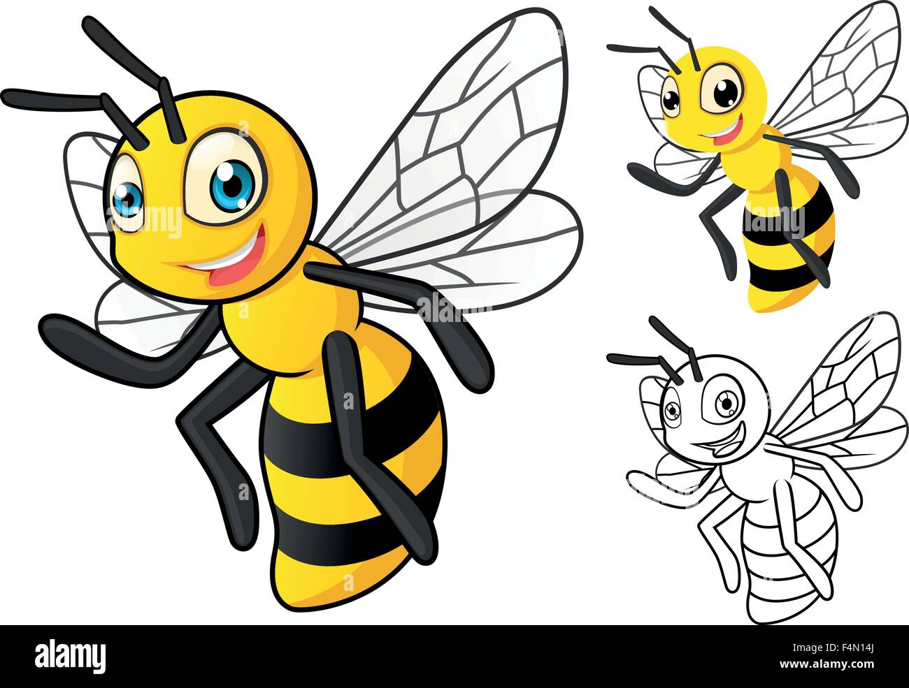 Dettagliato Honey Bee personaggio dei fumetti con design piatto e Line Art versione in bianco e nero Illustrazione Vettoriale
