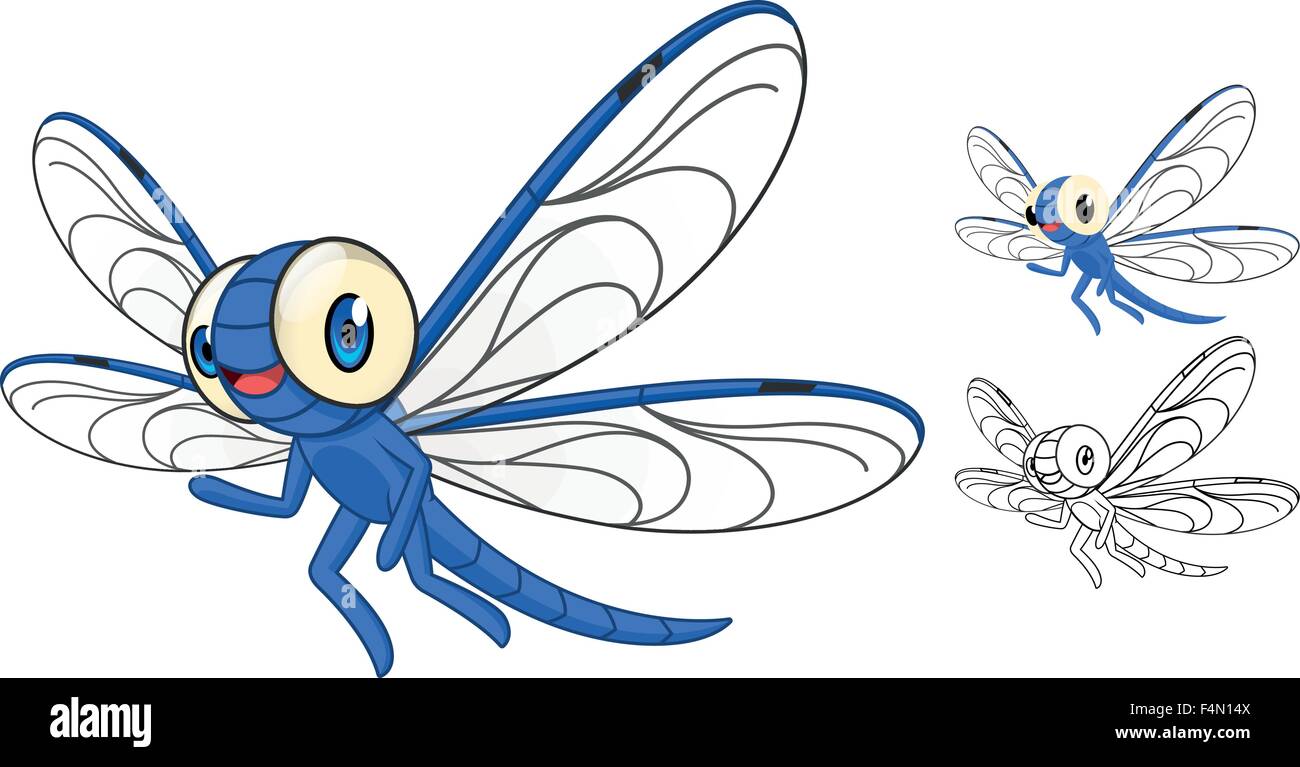 Libellula dettagliata personaggio dei fumetti con design piatto e Line Art versione in bianco e nero Illustrazione Vettoriale