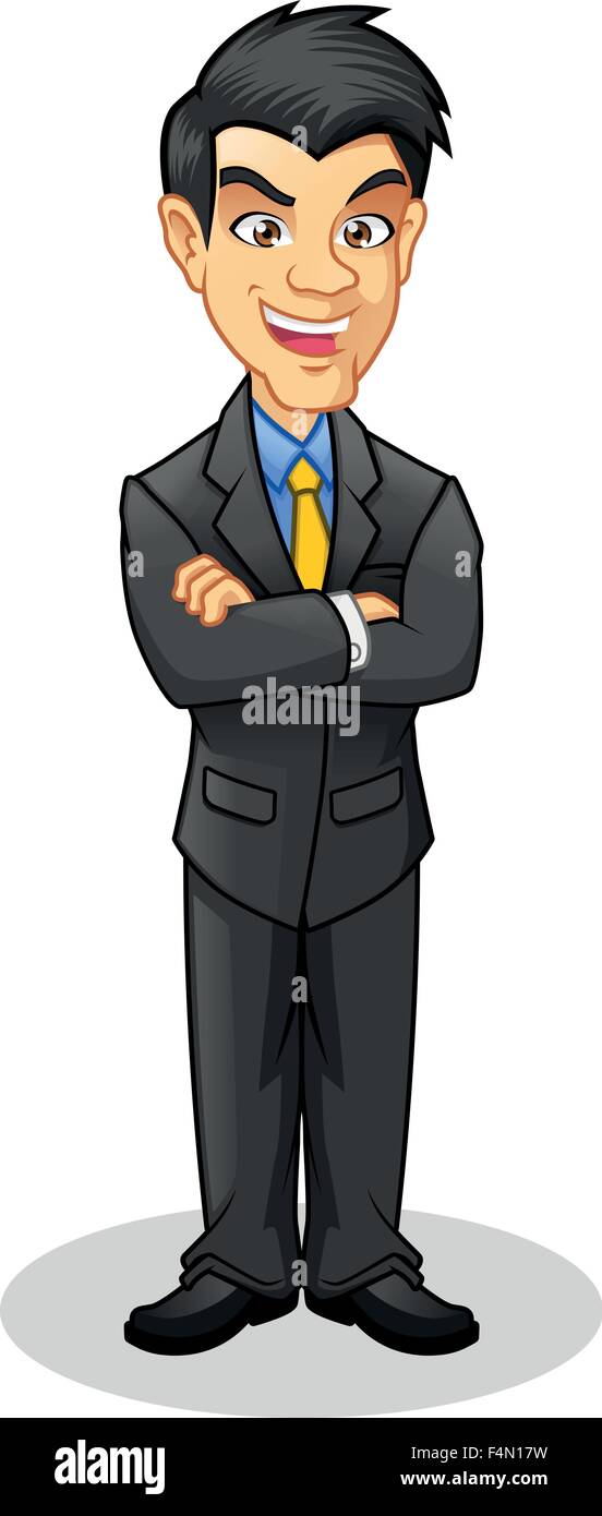 Boss con bracci ripiegati vestita di nero rivestire carattere Cartoon illustrazioni vettoriali Illustrazione Vettoriale