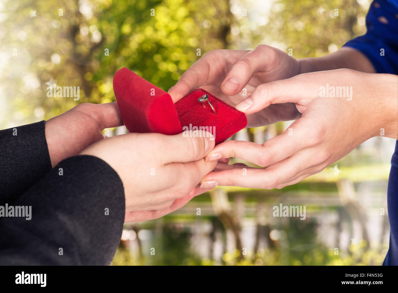 Giovane uomo fa una proposta la sua ragazza Foto Stock