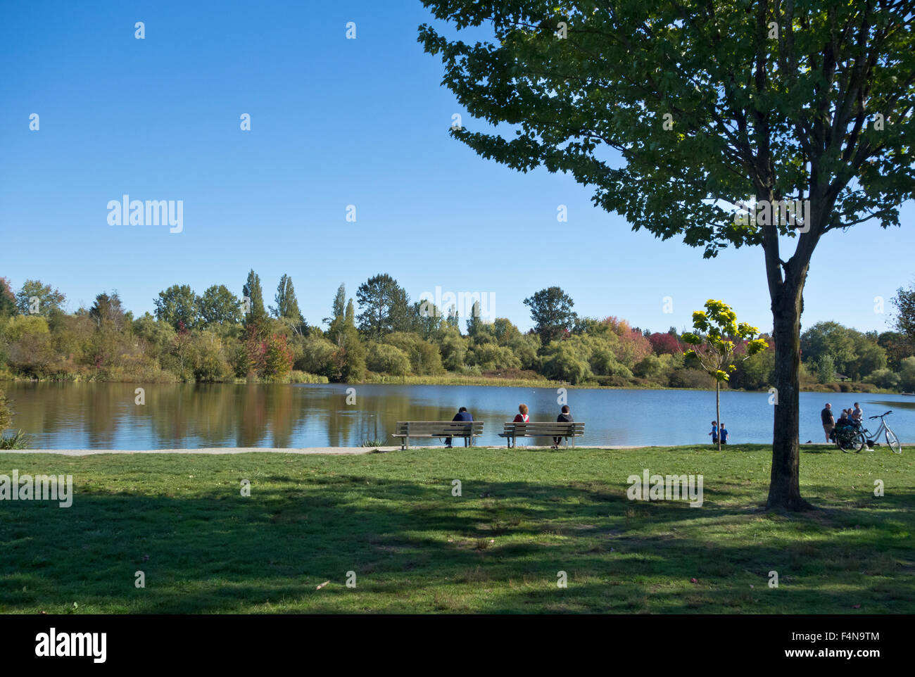 La gente seduta sulle panchine visualizzazione l'acqua a Trout Lake Park in East Vancouver. Inizio pomeriggio d'autunno. Foto Stock