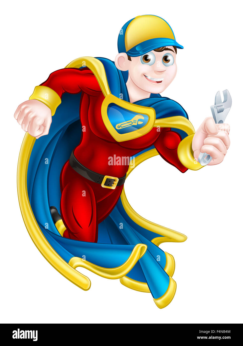 Cartoon meccanico o idraulico mascotte del supereroe tenendo una chiave Foto Stock