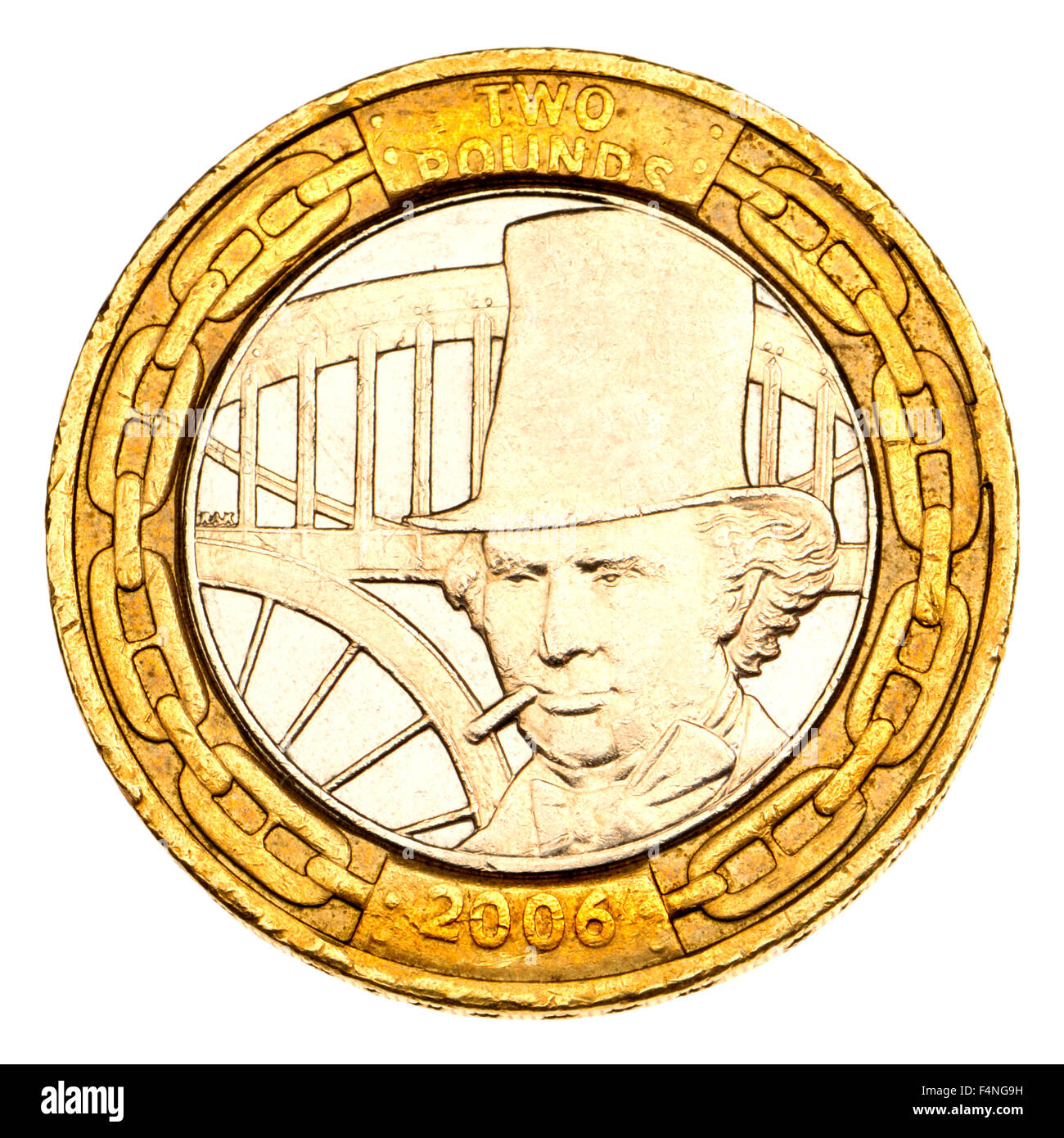 British £2 moneta (2006) per commemorare i 200 anni dalla nascita di Isambard Kingdom Brunel (ingegnere: 1806-1859) progettare un portrai Foto Stock