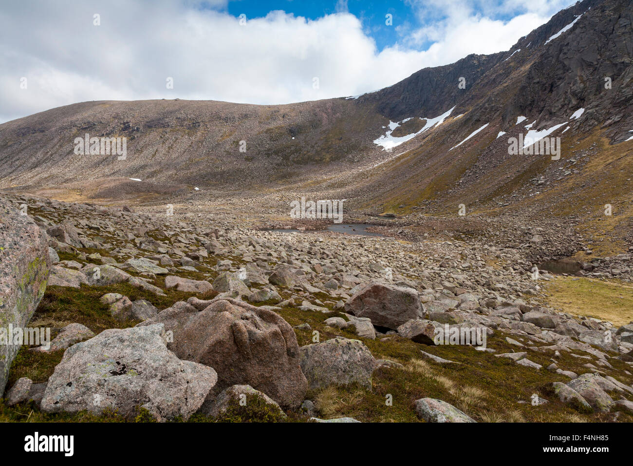 Vista del paesaggio del Ben Macdui e campo di boulder, Cairngorms National Park, Scotland, Regno Unito nel maggio 2008. Foto Stock